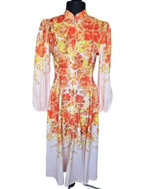 Floral Print Red Yellow Orange Midi Dress Long Sleeve Size L Wedding Party